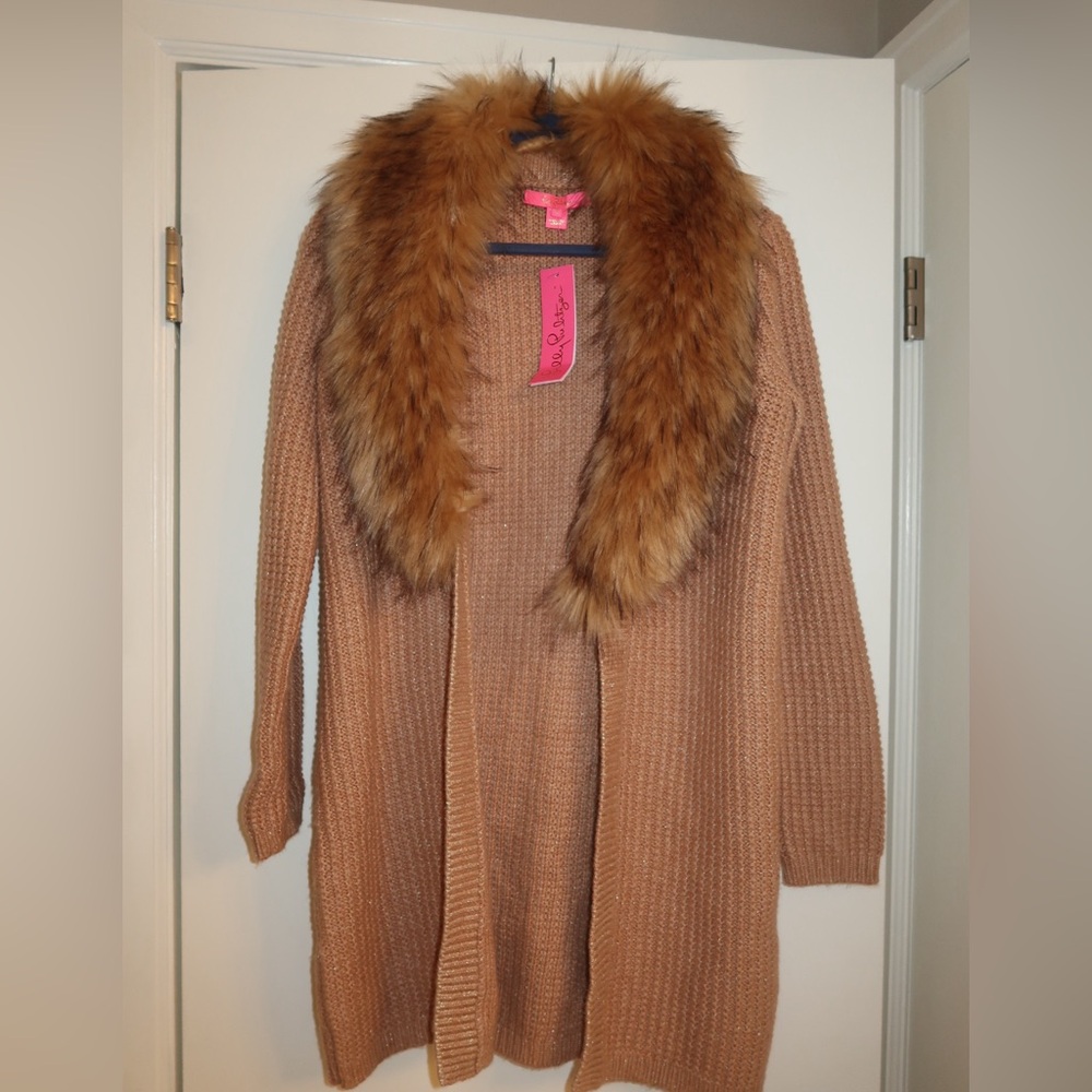 Lilly Pulitzer Camel Knit Open Cardigan with Faux Fur Collar